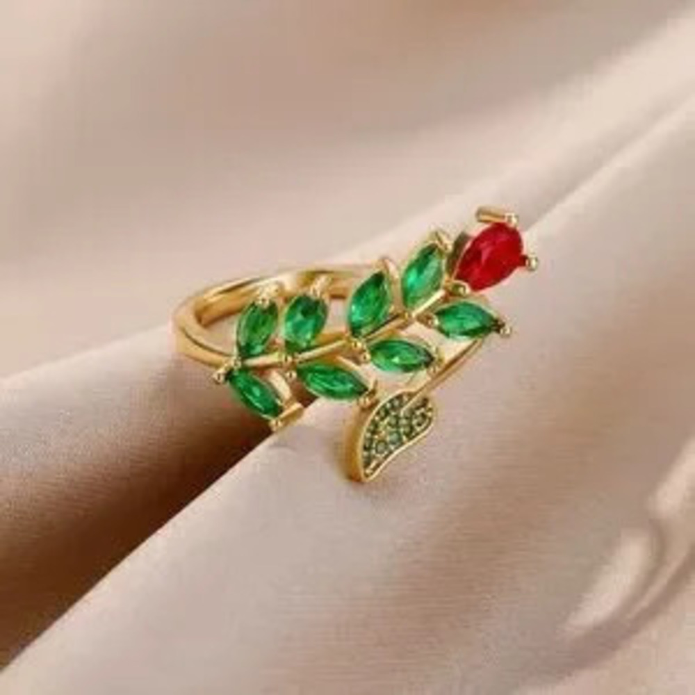 Zircon Flower Leaf Rings for Women Shine Opening Stainless Steel Ring